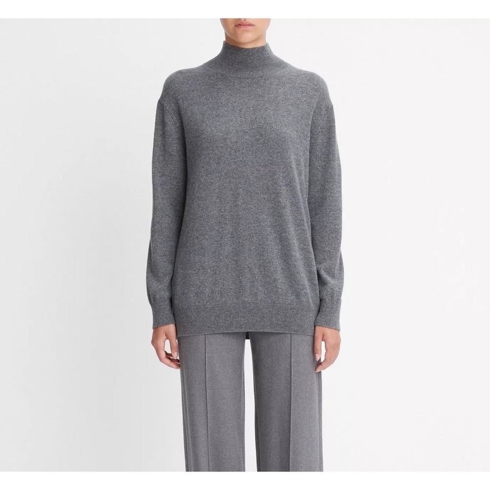 Vince Womens S Cashmere Weekend Turtleneck Sweater Gray Luxury Rib Knit Trim